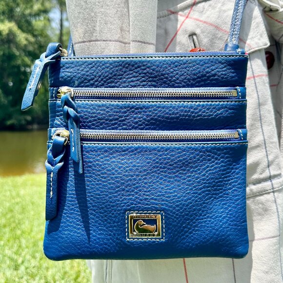 Dooney & Bourke DB Triple Zip North South Blue Pebbled Leather Utility Crossbody - Picture 1 of 14